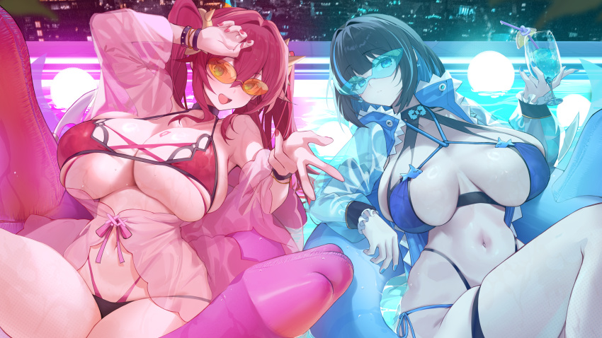 2girls afloat bikini blue_eyes blue_hair breasts cleavage cocktail_glass cup drinking_glass duel_monster evil_twin_ki-sikil evil_twin_lil-la highres innertube ki-sikil_(yu-gi-oh!) large_breasts lil-la_(yu-gi-oh!) looking_at_viewer multiple_girls navel open_mouth partially_submerged pink_hair pool purple_eyes smile stomach sunglasses swimsuit tinted_eyewear water xiujia_yihuizi yu-gi-oh!