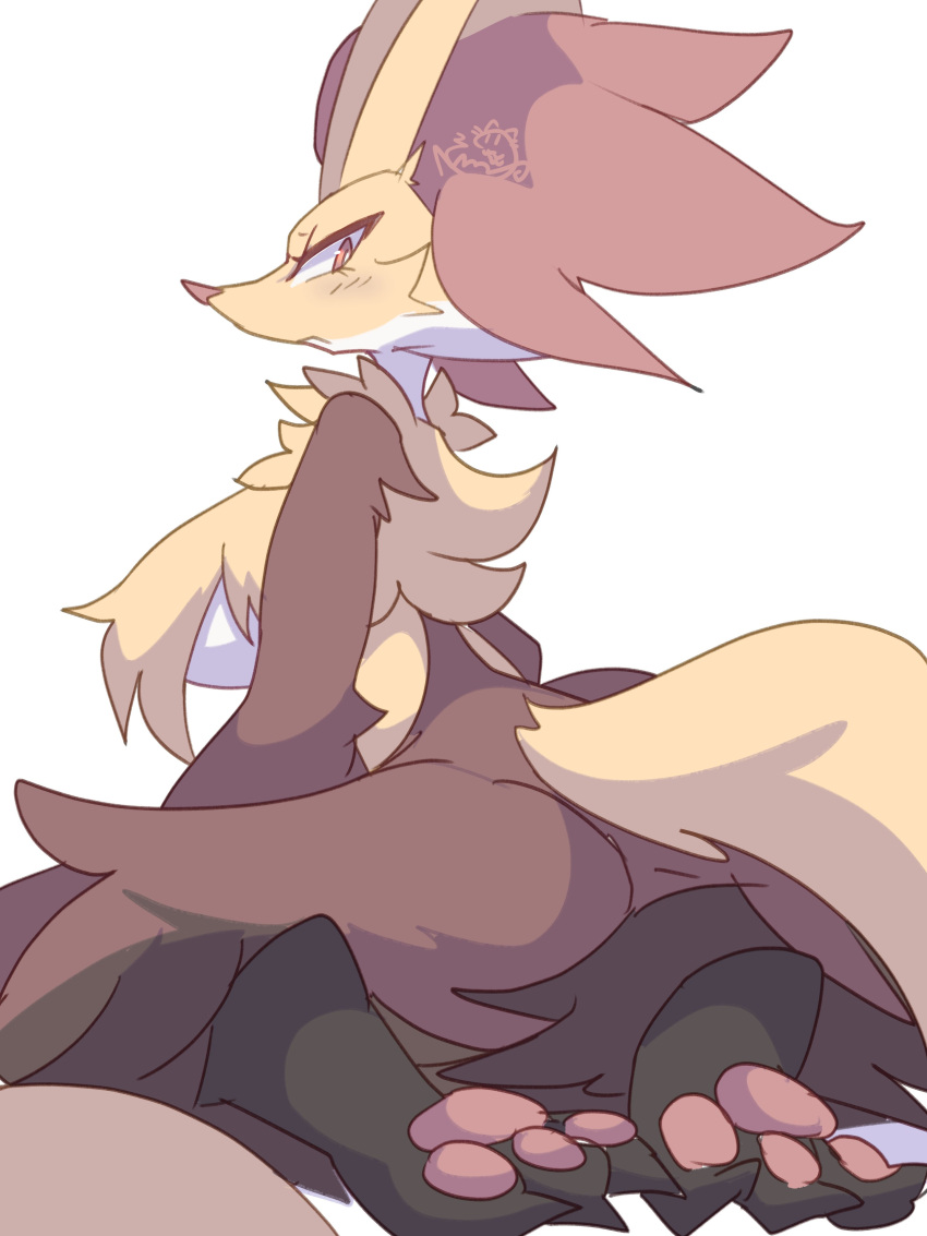 2022 absurd_res anthro big_breasts blush breasts canid canine delphox feet female fox fur generation_6_pokemon hi_res kneeling looking_at_viewer looking_back mammal nintendo nyaswitchnya pawpads paws pokemon pokemon_(species) red_body red_eyes red_fur simple_background solo white_background white_body white_fur yellow_body yellow_fur
