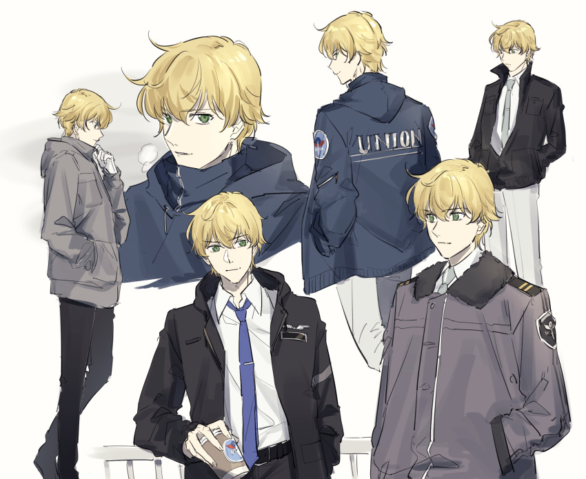 1boy black_jacket blonde_hair blue_jacket blue_necktie closed_mouth collared_shirt commentary_request cup disposable_cup double-parted_bangs from_behind from_side graham_aker green_eyes grey_jacket gundam gundam_00 hair_between_eyes hand_in_pocket highres holding holding_cup hood hood_down hooded_jacket jacket light_smile long_sleeves looking_ahead looking_at_viewer multiple_views nanao_parakeet necktie open_clothes open_jacket pants partially_unzipped print_jacket shirt short_hair simple_background standing tie_clip upper_body white_background white_pants white_shirt