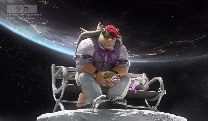 armband bowser bracelet clothing earth elemental_creature flora_fauna hair horn jewelry koopa male mario_bros nintendo piranha_plant planet plant red_hair ribbons sad scalie shell sitting solo space spiked_armband spiked_bracelet spiked_shell spikes spikes_(anatomy) super_mario_odyssey takahirosi