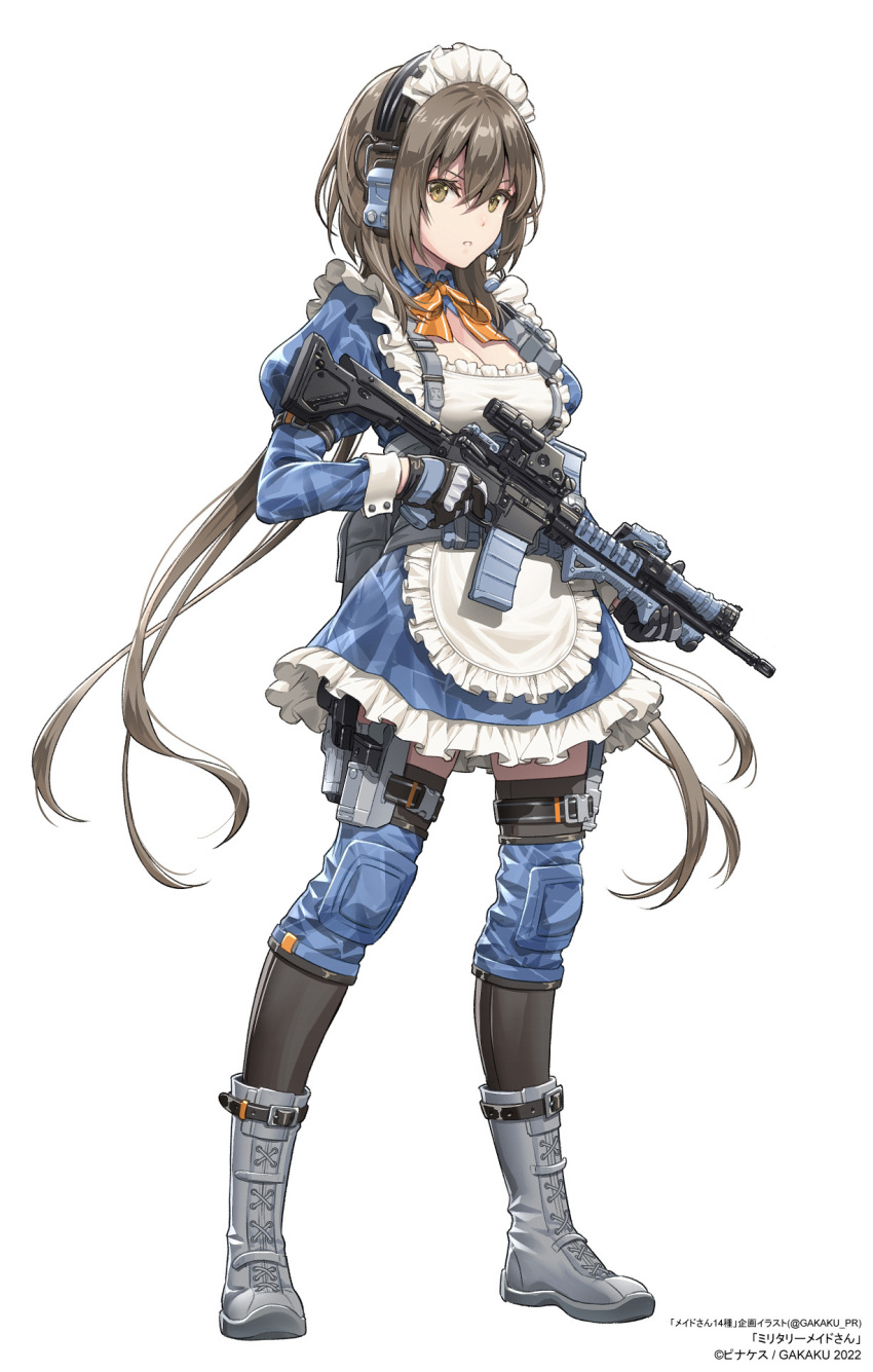 1girl apron assault_rifle black_gloves black_hair black_thighhighs blouse blue_shirt blue_skirt boots bow bowtie breasts camouflage cleavage commentary_request copyright ear_protection frilled_apron frilled_skirt frills full_body gloves grey_footwear gun hair_between_eyes hashtag highres holding holding_weapon holster juliet_sleeves knee_pads load_bearing_vest long_hair long_sleeves looking_at_viewer m4_carbine maid maid_apron maid_headdress medium_breasts military orange_bow orange_bowtie original parted_lips pinakes puffy_sleeves rifle shirt sideways_glance simple_background skirt sleeve_cuffs solo tachi-e tactical_clothes tactical_maid thighhighs urban_camouflage v-shaped_eyebrows weapon white_background yellow_eyes