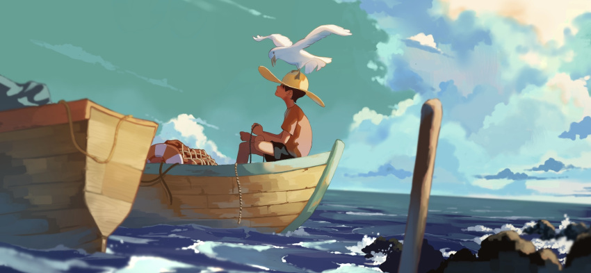 1boy animal_on_head bird bird_on_head blue_theme boat closed_mouth cloud hat highres looking_up male_child net ocean on_head original scenery seagull short_hair short_sleeves shorts sitting sky summer sun_hat taizo4282 watercraft