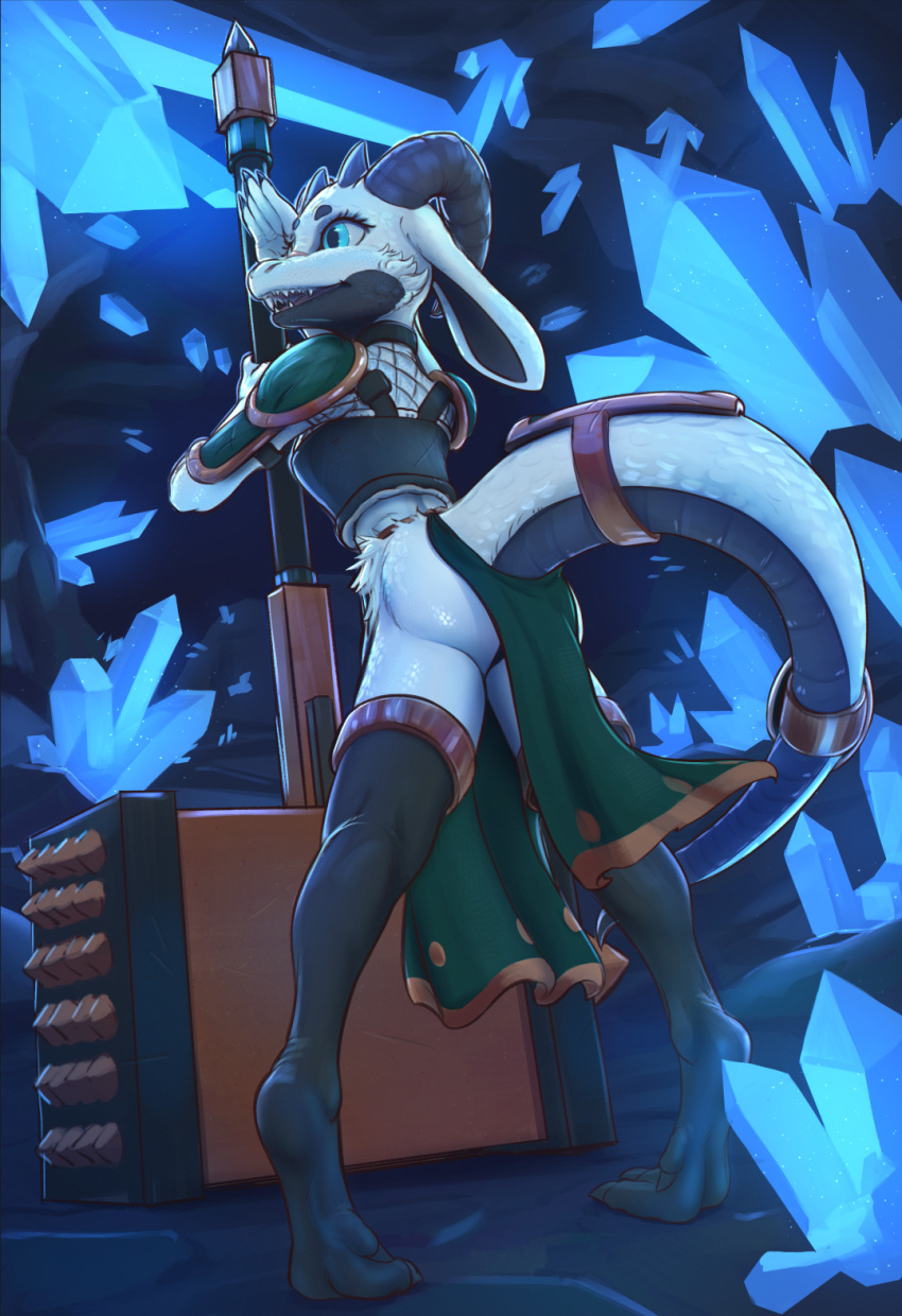 anthro armor blue_eyes bottomwear butt clothed clothing drxsmokey female hammer hi_res horn kobold large_hammer large_weapon legwear loincloth rear_view scales scalie smile solo stockings tools topwear unconvincing_armor white_body white_scales