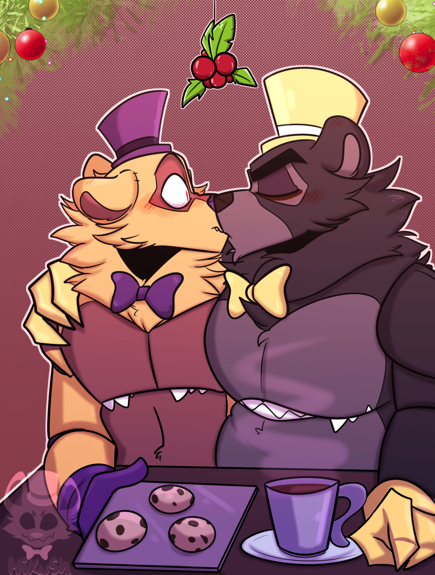 absurd_res anthro bear beverage candy chocolate christmas cookie dessert duo five_nights_at_freddy's five_nights_at_freddy's_4 food hi_res holidays hot_chocolate kissing male male/male mammal mikush nightmare_(fnaf) nightmare_fredbear_(fnaf) scottgames