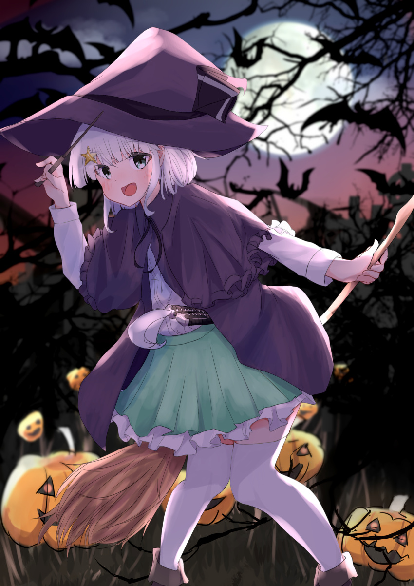 1girl :d absurdres arm_up bat_(animal) black_ribbon blunt_bangs blush broom capelet coat collared_capelet feet_out_of_frame forest frilled_capelet frilled_skirt frills full_moon green_eyes green_skirt grey_capelet grey_coat grey_headwear hair_ornament halloween hat hat_ribbon highres holding holding_broom holding_wand jack-o'-lantern knees_together_feet_apart konpaku_youmu long_sleeves looking_at_viewer medium_hair moon nature neck_ribbon night open_mouth outdoors pleated_skirt pumpkin refuson_man ribbon sheath sheathed shirt silhouette skirt sleeveless sleeveless_coat smile solo standing star_(symbol) star_hair_ornament sword thighhighs touhou wakizashi wand weapon white_hair white_shirt white_thighhighs witch_hat