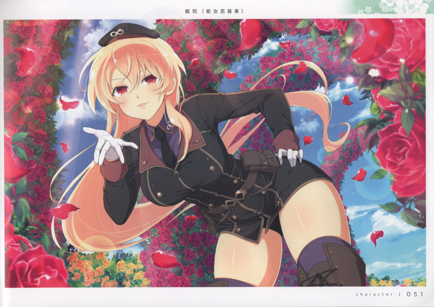 1girl absurdres belt_pouch blonde_hair boots breasts day flower gloves hand_on_own_hip hat highres large_breasts leaning_forward long_hair long_sleeves looking_at_viewer necktie official_art outdoors page_number petals pouch red_eyes rose scan senran_kagura senran_kagura_new_link simple_background solo souji_(senran_kagura) thigh_boots thighhighs uniform yaegashi_nan