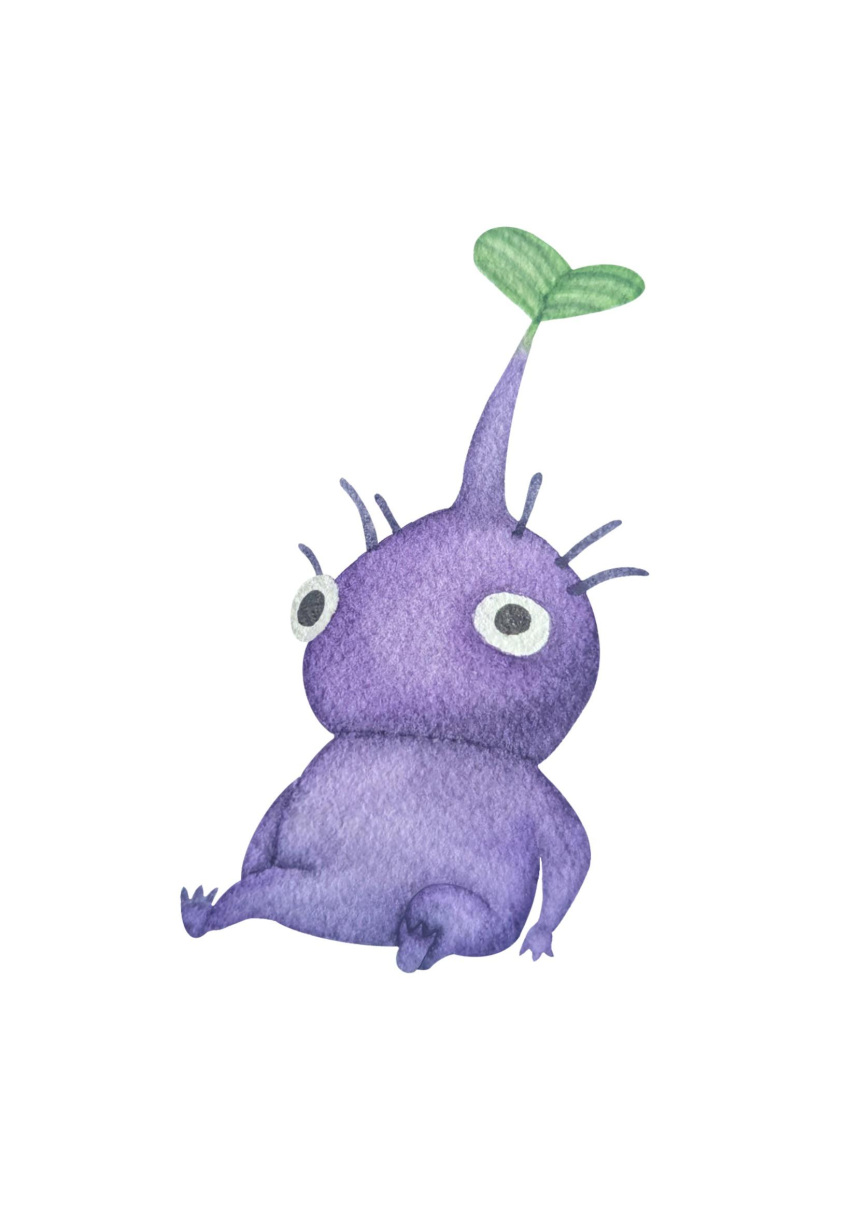 3_fingers 3_toes ambiguous_gender colored elemental_creature feet feral fingers flora_fauna hi_res leaf lineless mouthless nintendo painting_(artwork) pikmin pikmin_(species) plant purple_body purple_pikmin simple_background sitting solo toes traditional_media_(artwork) u/smudged14 watercolor_(artwork) white_background