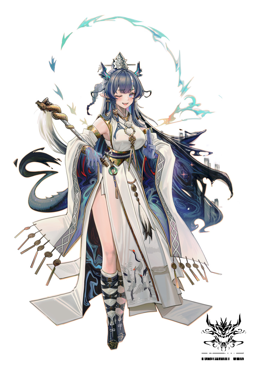 1girl absurdres arknights armpits blue_eyes blue_hair blue_skin boots breasts colored_skin constant_qiu detached_sleeves dragon_girl dragon_horns dragon_tail dress hand_up highres holding holding_wand horns large_breasts ling_(arknights) ling_(it_does_wash_the_strings)_(arknights) long_hair long_sleeves multicolored_skin official_alternate_costume one_eye_closed open_mouth pointy_ears solo tail wand white_dress wide_sleeves