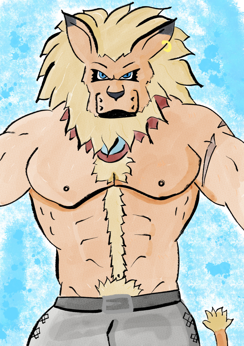 abs absurd_res anthro bandai_namco belt black_bottomwear black_clothing black_pants blonde_hair blue_eyes bottomwear clothing digimon digimon_(species) ear_piercing ear_ring felid front_view fur hair hi_res humanoid jewelry leomon leomon_day lion male mammal muscular muscular_anthro muscular_humanoid muscular_male necklace nipples orange_body orange_fur pantherine pants pecs piercing pubes ring_piercing scar teyl'nir_(artist)