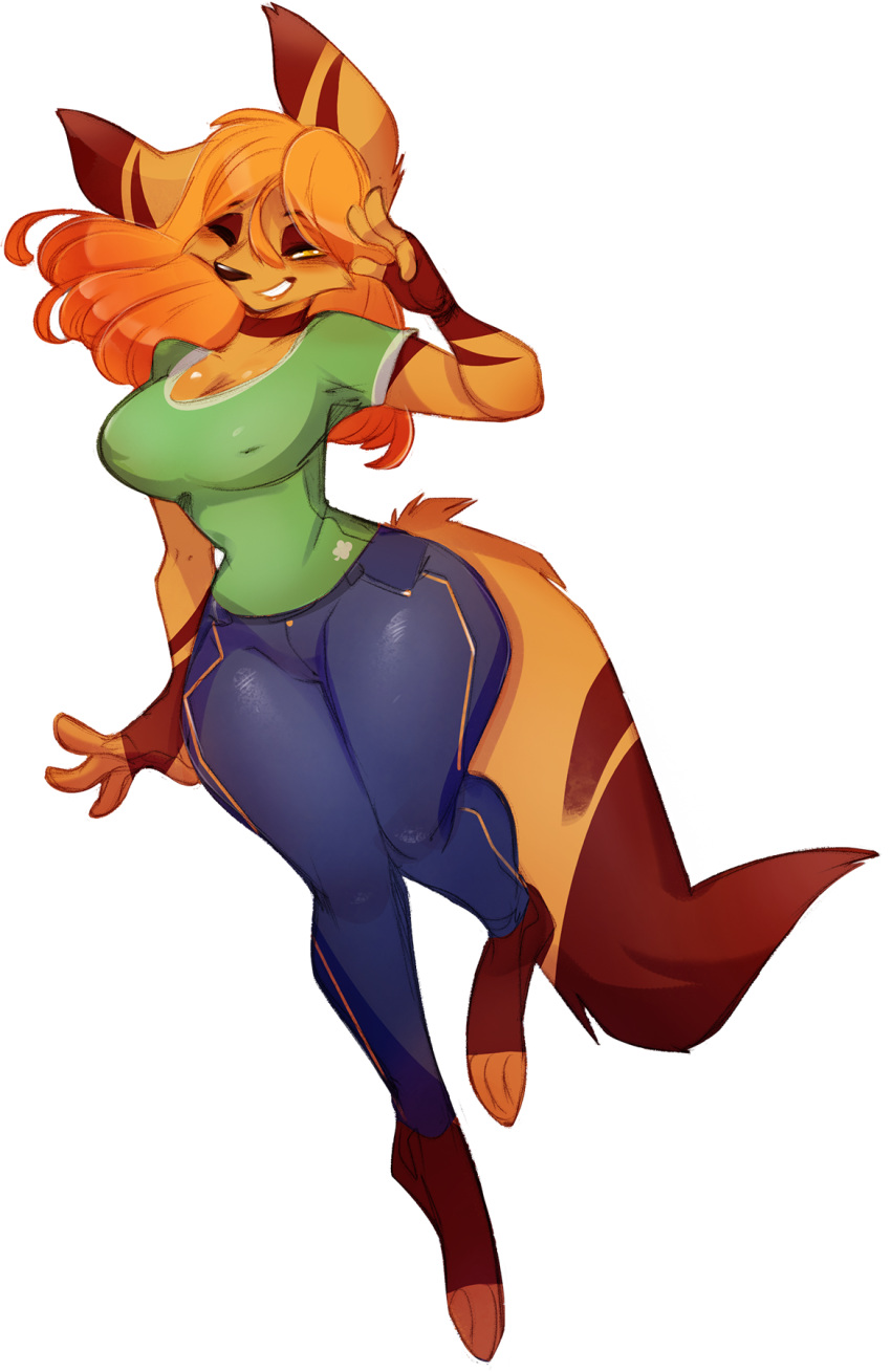 alpha_channel anthro bottomwear breasts brown_body brown_fur clothing denim denim_clothing female fur hair hi_res jeans kangaroo looking_at_viewer macropod mammal marsupial multicolored_body multicolored_fur one_eye_closed orange_body orange_eyes orange_fur orange_hair pants shirt simple_background smile solo spirale spirale_(character) topwear transparent_background two_tone_body two_tone_fur