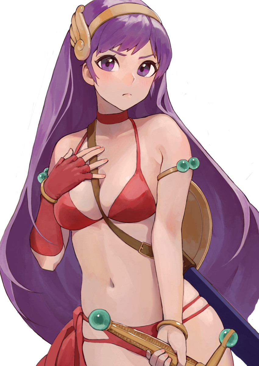 1girl annoyed armlet athena_(series) bikini bracelet breasts closed_mouth commentary hairband hand_on_own_chest highres jewelry long_hair looking_at_viewer medium_breasts navel oni_gini princess_athena purple_eyes purple_hair red_bikini snk solo swimsuit sword symbol-only_commentary weapon white_background