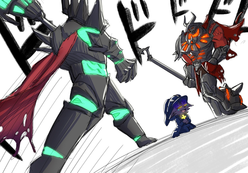 ambiguous_gender anthro armor bodily_fluids clothing cross cute_fangs eyes_closed group hat headgear headwear hi_res holding_cross holding_object humanoid japanese_text kneeling league_of_legends living_armor male_(lore) meme mordekaiser_(lol) riot_games robe simple_background size_difference teardrop tears text trio veigar white_background worecan yellow_eyes yordle
