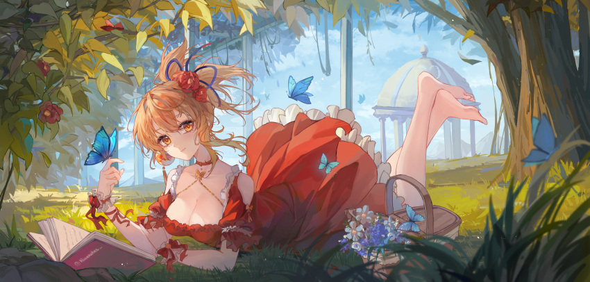 1girl absurdres alternate_costume barefoot blonde_hair blue_butterfly book breasts bug building butterfly choker dress genshin_impact hair_between_eyes hair_ornament highres insect_on_finger lixiang_guo_alice looking_at_viewer lying medium_breasts on_grass on_stomach open_book outdoors ponytail red_choker red_dress sidelocks solo the_pose toes tree yellow_eyes yoimiya_(genshin_impact)