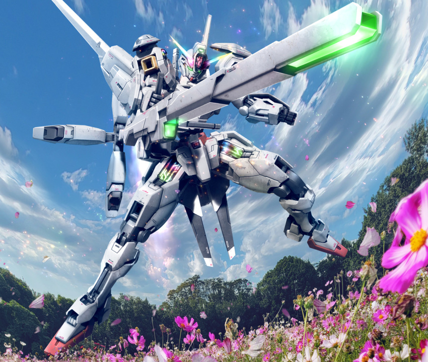 aiming beam_cannon blue_sky cloud cloudy_sky commentary commentary_request day energy_cannon exhaust field flower flower_field flower_request glowing glowing_eyes green_eyes gundam gundam_calibarn gundam_suisei_no_majo hiropon_(tasogare_no_puu) holding holding_weapon looking_ahead mecha mobile_suit no_humans outdoors partial_commentary photo_background purple_flower robot science_fiction sky solo thrusters tree v-fin weapon
