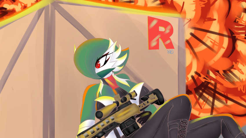2023 boots clothing combat_boots explosion female footwear gardevoir generation_3_pokemon green_hair gun hair hair_over_eye hi_res humanoid mask nintendo not_furry one_eye_obstructed pokemon pokemon_(species) ranged_weapon red_eyes renv rifle signature sniper_rifle solo tactical_gear tactical_gloves taking_cover weapon