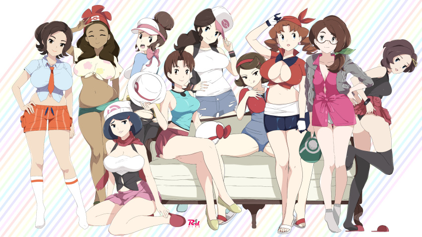 6+girls absurdres adapted_costume ahoge alola_mother arm_up artist_logo ass bandana black_panties black_tank_top black_thighhighs blue_eyes blue_hair blue_leotard blue_shirt blue_shorts bow breasts brown_eyes brown_hair character_request cleavage closed_eyes clothes_lift collared_shirt copyright_request cosplay couch crop_top crossed_legs dark-skinned_female dark_skin dawn_(pokemon) dawn_(pokemon)_(cosplay) delia_ketchum drill_hair earrings eyelashes from_behind galar_mother glasses gloria_(pokemon) gloria_(pokemon)_(cosplay) grace_(pokemon) green_ribbon grey_socks hair_ornament hair_ribbon hairband hand_on_own_hip head_tilt highres hilda_(pokemon) hilda_(pokemon)_(cosplay) holding huge_breasts impossible_clothes jewelry johanna_(pokemon) kneehighs large_breasts leaf_(pokemon) leaf_(pokemon)_(cosplay) legs leotard licking_lips long_hair long_sleeves looking_at_viewer looking_back looking_to_the_side lyra_(pokemon) lyra_(pokemon)_(cosplay) mature_female may_(pokemon) may_(pokemon)_(cosplay) medium_breasts medium_hair midriff miniskirt mole mole_under_eye multiple_girls nail_polish navel no_shoes on_ground orange_shorts paldea_mother panties pants parted_bangs parted_lips pink_bow pink_skirt pleated_skirt pokemon pokemon_(game) pokemon_bw pokemon_dppt pokemon_frlg pokemon_hgss pokemon_rse pokemon_sm pokemon_swsh ponytail r3dfive red_footwear red_hairband red_headwear red_skirt ribbon rosa_(pokemon) rosa_(pokemon)_(cosplay) sandals shadow shirt shoe_dangle short_hair short_sleeves shorts side_ponytail sideboob sidelocks sitting skirt skirt_lift sleeveless slippers smile socks soles spread_legs striped striped_background striped_shorts swept_bangs tan_shirt tank_top thighhighs thighs tied_shirt tilted_headwear tiptoes toenail_polish toenails toes tongue tongue_out torn_clothes torn_pants torn_shorts twin_drills two-tone_shirt undersized_clothes underwear unova_mother_(bw) v visor_cap white_footwear white_shirt white_socks yokozuwari