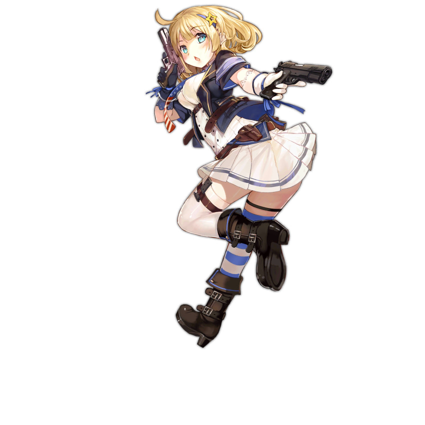 1girl ahoge asymmetrical_legwear blonde_hair blue_eyes blush boots breasts chestnut_mouth dual_wielding full_body girls'_frontline gloves gun hairband handgun high_heel_boots high_heels highres holding holding_gun holding_weapon jacket large_breasts looking_at_viewer m1911 m1911_(girls'_frontline) mod3_(girls'_frontline) necktie official_art pleated_skirt revision short_hair skirt solo spirtie thighhighs transparent_background trigger_discipline uneven_legwear weapon