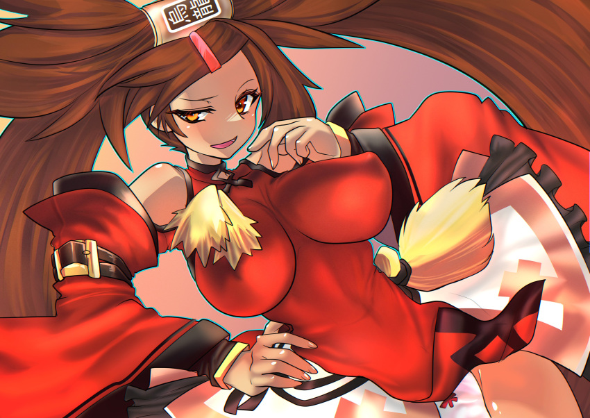 1girl absurdres bare_shoulders blush bow bow_panties breasts brown_eyes china_dress chinese_clothes closed_mouth covered_nipples detached_sleeves dress guilty_gear guilty_gear_xrd hair_ornament hairclip highres kuradoberi_jam large_breasts long_hair open_mouth panties shaded_face simple_background skin_tight skirt smile solo tano_t underwear white_panties wide_sleeves