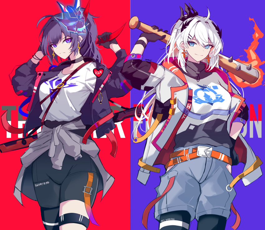 2girls absurdres arm_up baseball_bat belt black_coat black_gloves black_jacket black_shorts blue_eyes clothes_around_waist coat cowboy_shot fleur-de-lis gloves highres holding holding_baseball_bat honkai_(series) honkai_impact_3rd jacket kiana_kaslana kiana_kaslana_(herrscher_of_flamescion) lightning_bolt_earrings long_hair long_sleeves multiple_girls open_clothes open_jacket ponytail purple_background purple_eyes purple_hair raiden_mei raiden_mei_(herrscher_of_thunder) red_background shirt shorts smile sparks_summer spiked_bat two-tone_background white_hair white_shirt