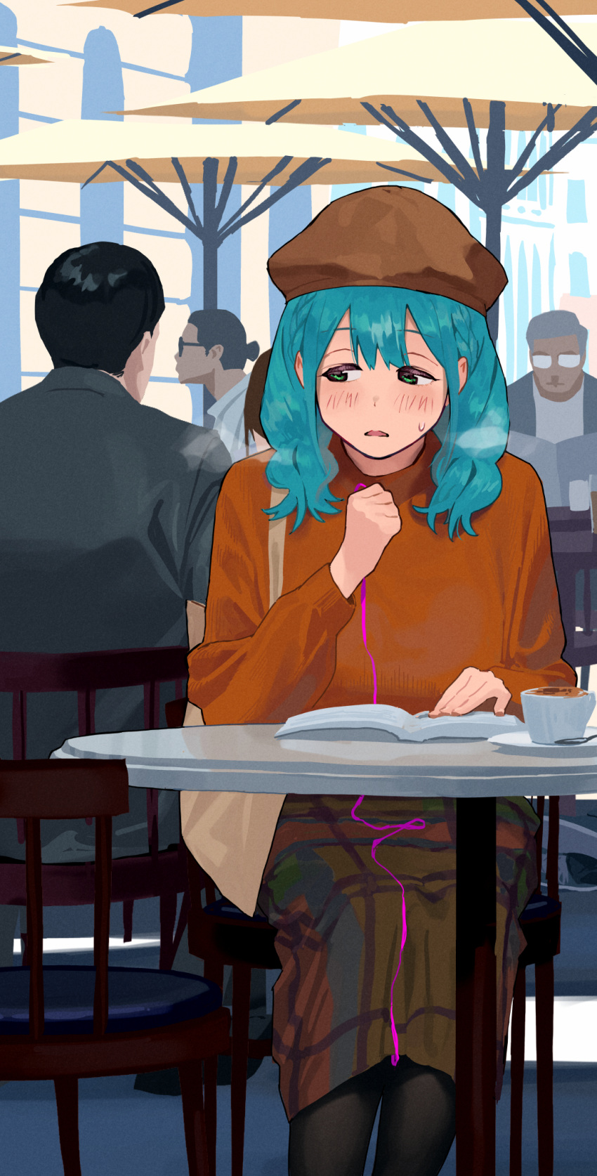 1girl bag beret black_pantyhose blue_hair blush book braid breath brown_headwear cafe cappuccino_(drink) clenched_hand commentary cup day english_commentary green_eyes half-closed_eyes hand_up hat heavy_breathing highres holding legs_together long_skirt long_sleeves looking_to_the_side medium_hair multicolored_clothes multicolored_skirt nahia_(some1else45) on_chair open_book open_mouth orange_sweater original outdoors pantyhose plaid plaid_skirt public_indecency remote_control_vibrator saucer sex_toy shoulder_bag sidelocks sitting skirt solo solo_focus some1else45 spoon sweat sweater table teacup twin_braids vibrator vibrator_cord vibrator_under_clothes