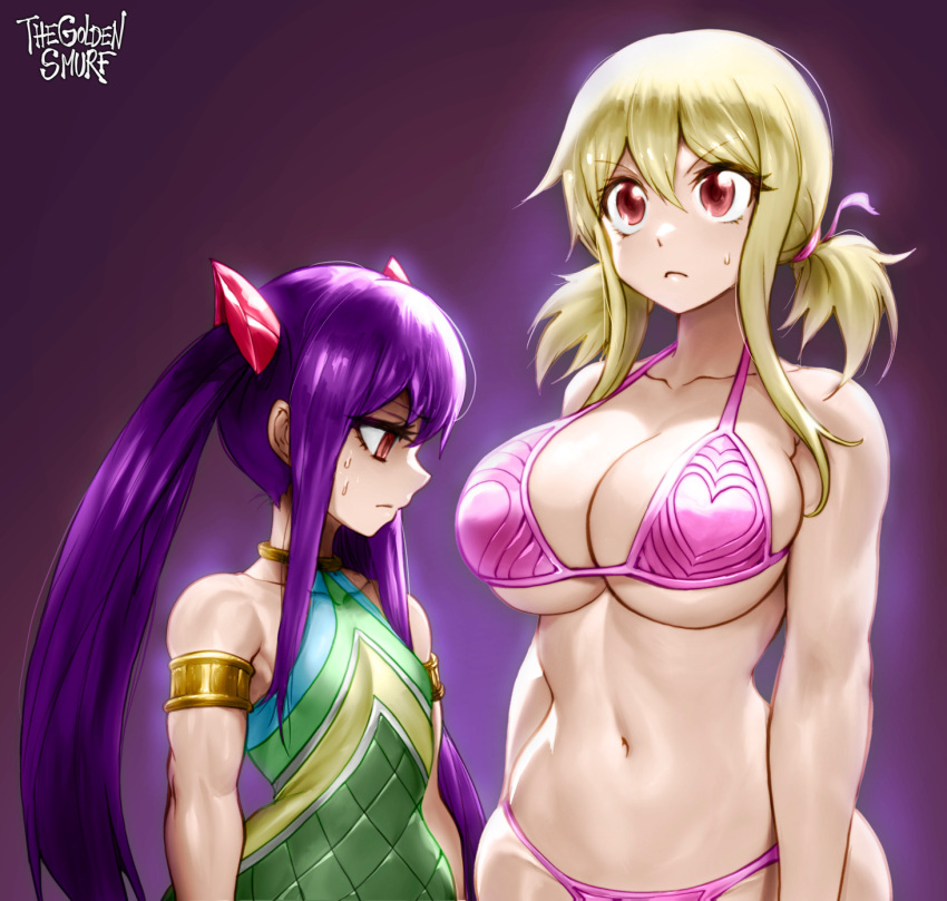 2girls armband bikini blonde_hair breast_envy breasts fairy_tail frown gradient_background halterneck highres huge_breasts looking_at_breasts low_twintails lucy_heartfilia multiple_girls muscular muscular_female navel pink_bikini purple_background purple_eyes purple_hair red_eyes serious signature small_breasts sweat sweatdrop swimsuit the_golden_smurf twintails underboob v-shaped_eyebrows wendy_marvell