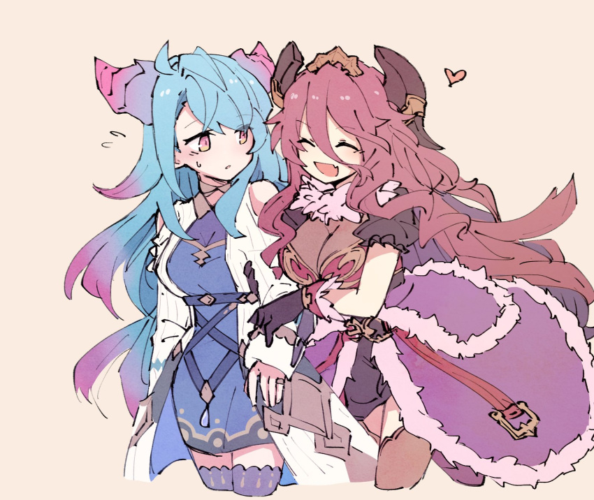 2girls alonemistrist bare_shoulders blue_hair breasts cleavage clothing_cutout coat dragalia_lost dragon_girl dragon_horns dress fang fur_trim gloves hair_between_eyes heart highres holding_another's_arm horns long_bangs long_hair looking_at_another mercury_(dragalia_lost) multicolored_hair multiple_girls mym_(dragalia_lost) open_clothes open_coat open_mouth parted_lips pink_hair red_hair shoulder_cutout skin_fang two-tone_hair very_long_hair