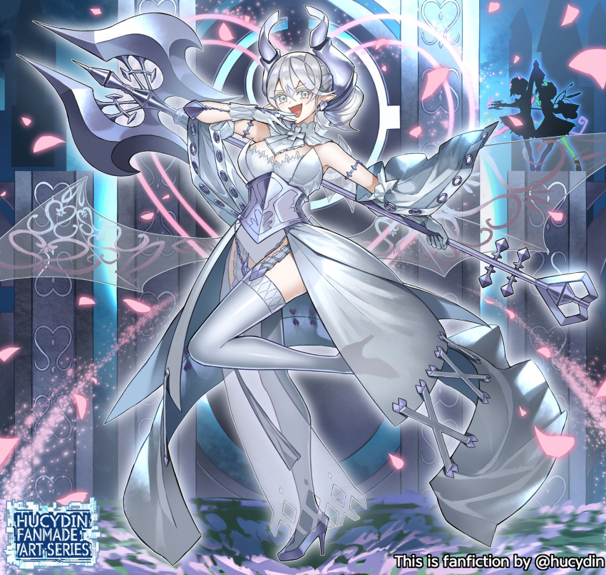 3girls arianna_the_labrynth_servant arianne_the_labrynth_servant dancing demon_girl dress duel_monster english_text falling_petals gloves grey_eyes grey_hair hair_between_eyes hand_to_hand high_heels highres holding holding_polearm holding_weapon hucydin lovely_labrynth_of_the_silver_castle multiple_girls official_style ojou-sama_pose petals polearm silhouette standing standing_on_one_leg thighhighs twitter_username weapon white_gloves yu-gi-oh!