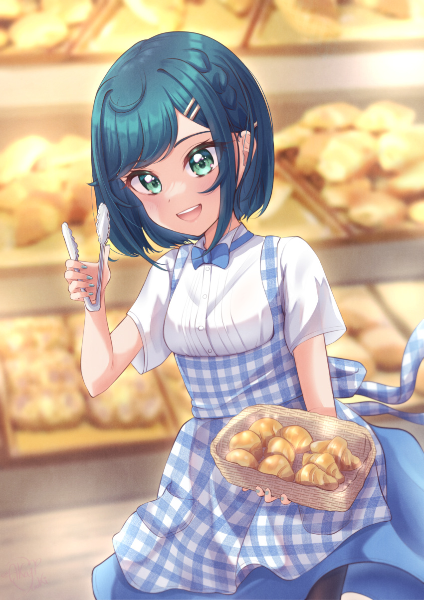 1girl absurdres akajiyuuki apron aqua_eyes basket blue_bow blue_bowtie blue_hair blue_skirt blurry blurry_background bow bowtie cowboy_shot croissant delicious_party_precure food fuwa_kokone hair_ornament hairclip highres holding_tongs kobeya kobeya_uniform looking_at_viewer medium_hair open_mouth precure shirt short_sleeves skirt smile solo white_shirt