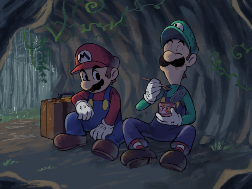 2boys blue_overalls boots brown_footwear brown_hair can cave closed_eyes facial_hair food gloves green_headwear green_shirt hat highres holding holding_can holding_food holding_spoon luigi mario mario_&amp;_luigi_rpg mario_(series) masanori_sato_(style) multiple_boys mustache overalls red_headwear red_shirt shirt short_hair sitting socks spoon striped striped_socks suitcase white_gloves ya_mari_6363