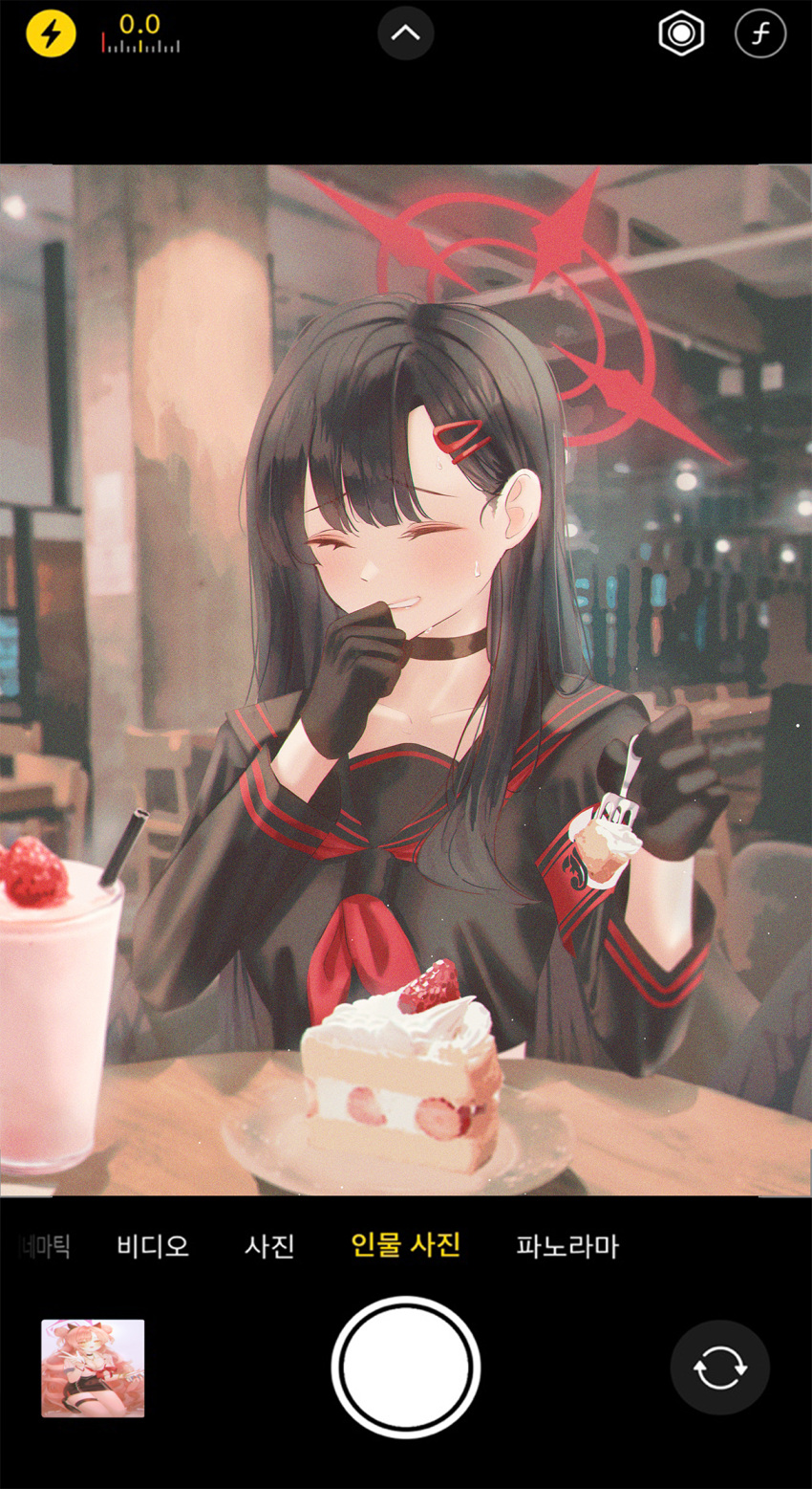 1girl arm_rest armband asymmetrical_bangs black_choker black_gloves black_hair black_sailor_collar black_serafuku black_wings bloom blue_archive blunt_bangs blurry blurry_background blurry_foreground blush breasts cake cake_slice camera_phone ceiling_light cellphone_photo chair chinese_text choker closed_eyes collarbone commentary cup cutlery depth_of_field dessert drinking_glass drinking_straw eyelashes facing_viewer feathered_wings film_grain food fork fruit glass gloves glowing glowing_halo hair_ornament hairclip halo hand_to_own_face hand_to_own_mouth hands_up hanging_light highres holding holding_food holding_fork ichika_(blue_archive) indoors light_blush light_particles lips long_hair long_sleeves medium_breasts milkshake multicolored_sailor_collar neckerchief on_chair parted_lips pillar plate red_armband red_halo red_neckerchief restaurant sailor_collar school_uniform serafuku setora_q shadow sitting smile solo straight_hair strawberry sweat symbol-only_commentary table teeth translation_request upper_body variant_set very_long_hair wings wooden_chair wooden_table