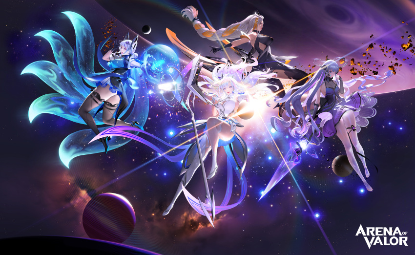 4girls absurdres alternate_costume arena_of_valor black_gloves black_ribbon black_thighhighs blue_hair braid breasts cleavage clothing_cutout diaochan_(arena_of_valor) dress earrings floating galaxy gloves grey_hair headgear high_heels highres holding holding_weapon hyulla jewelry lens_flare liliana_(arena_of_valor) long_hair looking_at_viewer multicolored_hair multiple_girls multiple_tails official_alternate_costume official_art planet ribbon see-through see-through_cleavage see-through_legwear short_dress sinestrea_(arena_of_valor) skindentation space star_(sky) tail thick_thighs thigh_strap thighhighs thighs waist_cutout weapon white_gloves white_hair white_thighhighs yena_(arena_of_valor)