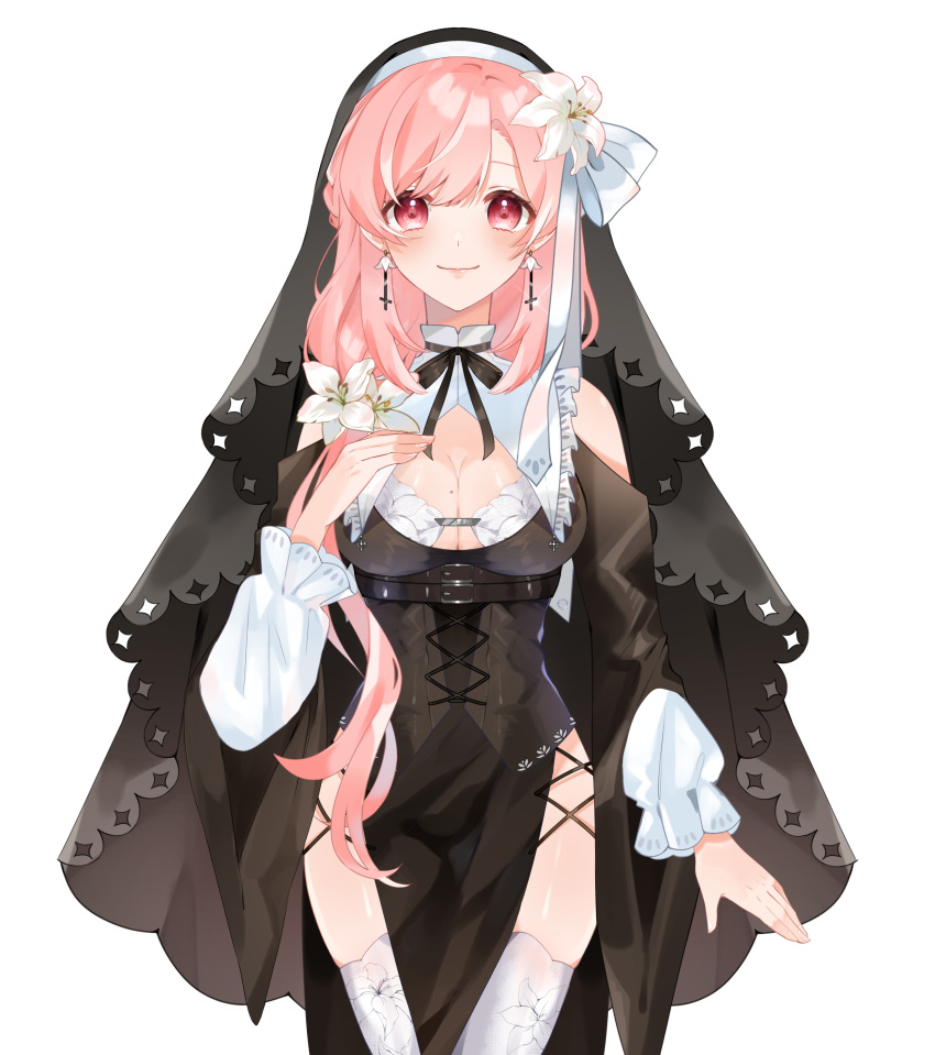 1girl absurdres black_dress black_ribbon black_veil blush breasts bun-mii cleavage_cutout clothing_cutout cross dress flower hair_flower hair_ornament hair_ribbon hand_on_own_chest highres indie_virtual_youtuber inverted_cross inverted_cross_earrings lily_(flower) long_hair looking_at_viewer mole mole_on_breast neck_ribbon nini_yuuna nini_yuuna_(4th_costume) nun official_art pink_eyes pink_hair ribbon second-party_source shoulder_cutout smile solo straight-on thighhighs transparent_background veil very_long_hair virtual_youtuber white_flower white_ribbon white_thighhighs