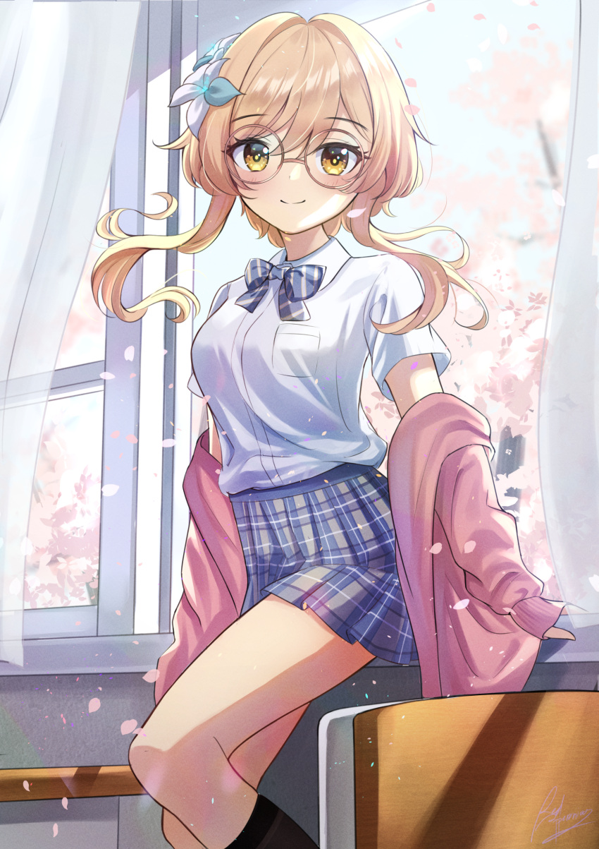 1girl absurdres alternate_costume arm_support bespectacled black_socks blonde_hair blue_bow blue_bowtie blue_skirt bow bowtie breast_pocket closed_mouth collared_shirt commentary_request curtains day falling_petals feet_out_of_frame floating_hair flower genshin_impact glasses hair_between_eyes hair_flower hair_intakes hair_ornament highres indoors jacket looking_at_viewer lumine_(genshin_impact) miniskirt petals plaid plaid_skirt pleated_skirt pocket purple_jacket redpepperoni00 school_uniform shirt short_hair_with_long_locks short_sleeves signature skirt smile socks solo striped striped_bow striped_bowtie thighs white_flower white_shirt window yellow_eyes