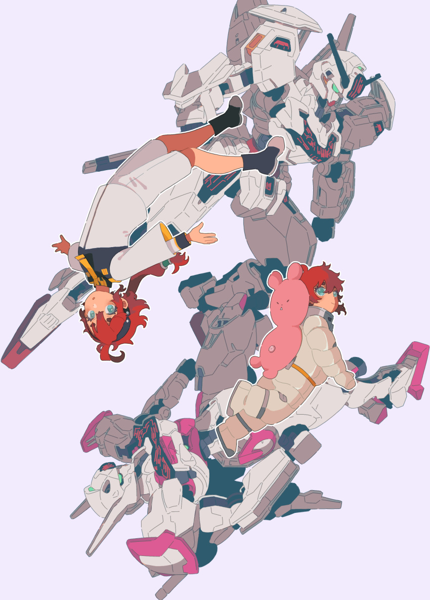 2girls absurdres aqua_eyes asticassia_school_uniform commentary dou_(mame_eee) ericht_samaya green_eyes grey_background gundam gundam_calibarn gundam_lfrith gundam_suisei_no_majo highres long_hair low-tied_long_hair low_ponytail mecha mobile_suit multiple_girls red_hair robot school_uniform short_hair siblings sisters spacesuit suletta_mercury upside-down