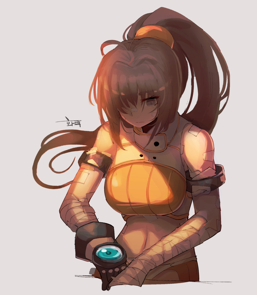 1girl bandaged_arm bandages bandaid bandaid_on_face black_gloves breasts brown_hair closed_mouth crop_top dungeon_and_fighter fighter_(dungeon_and_fighter) gloves green_eyes highres hwaryeok large_breasts long_hair looking_down navel orange_shirt ponytail shirt solo white_background