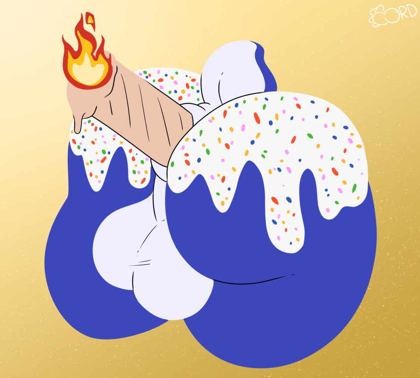 2022 anus backsack balls birthday_cake blue_yoshi cake candle candle_in_ass dessert digital_media_(artwork) faceless_character faceless_male food genitals hi_res male mario_bros nintendo nude perineum rear_view simple_background solo thelewdshi thick_thighs wide_hips yoshi