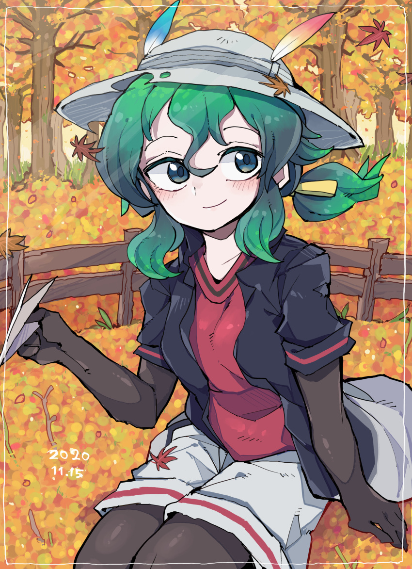 absurdres black_eyes black_gloves black_jacket black_pantyhose blush closed_mouth collarbone commission dated elbow_gloves gloves green_hair highres holding holding_paper_airplane jacket kaban_(kemono_friends) kanmoku-san kemono_friends looking_at_viewer outdoors pantyhose paper_airplane pixiv_commission red_shirt shirt short_hair short_ponytail short_sleeves smile