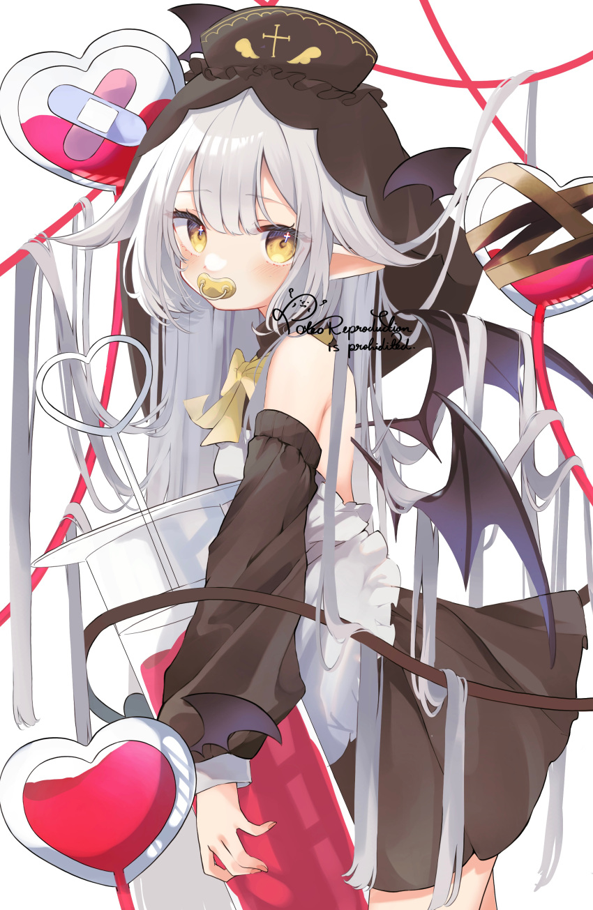 1girl absurdres apron artist_name bare_shoulders bat_wings black_skirt black_sleeves blood bow bowtie breasts commentary cowboy_shot cross_in_eye demon_tail demon_wings detached_sleeves double-parted_bangs frilled_apron frills from_side grey_hair hair_flaps heart highres holding holding_syringe hood hood_up large_syringe light_blush long_hair long_sleeves looking_at_viewer original oversized_object pacifier pointy_ears poteo sidelocks simple_background skirt small_breasts solo standing syringe tail very_long_hair watermark white_apron white_background wings yellow_bow yellow_bowtie yellow_eyes