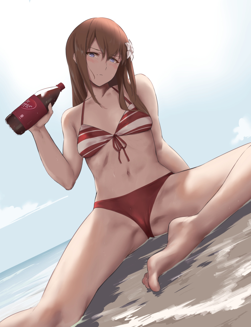 1girl bare_shoulders barefoot bikini blue_eyes blue_sky blush bottle breasts brown_hair cameltoe closed_mouth collarbone commission day den_(kur0_yuki) dr_pepper dutch_angle flower front-tie_bikini_top front-tie_top hair_flower hair_ornament highres holding holding_bottle long_hair looking_at_viewer makise_kurisu navel on_ground outdoors pixiv_commission red_bikini red_ribbon ribbon sitting sky small_breasts solo steins;gate stomach swimsuit water white_flower