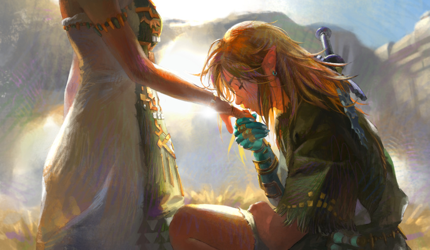 1boy 1girl absurdres aqua_skin armlet bangs blonde_hair blue_skin bracelet breasts brown_hair closed_eyes colored_skin dress earrings fringe_trim from_side hair_down head_out_of_frame highres holding_hands imminent_kiss jewelry kiss kissing_hand link linkdetiangou long_hair mountainous_horizon multiple_rings one_knee pointy_ears princess_zelda profile ring short_sleeves standing sword sword_on_back the_legend_of_zelda weapon weapon_on_back white_dress white_nails