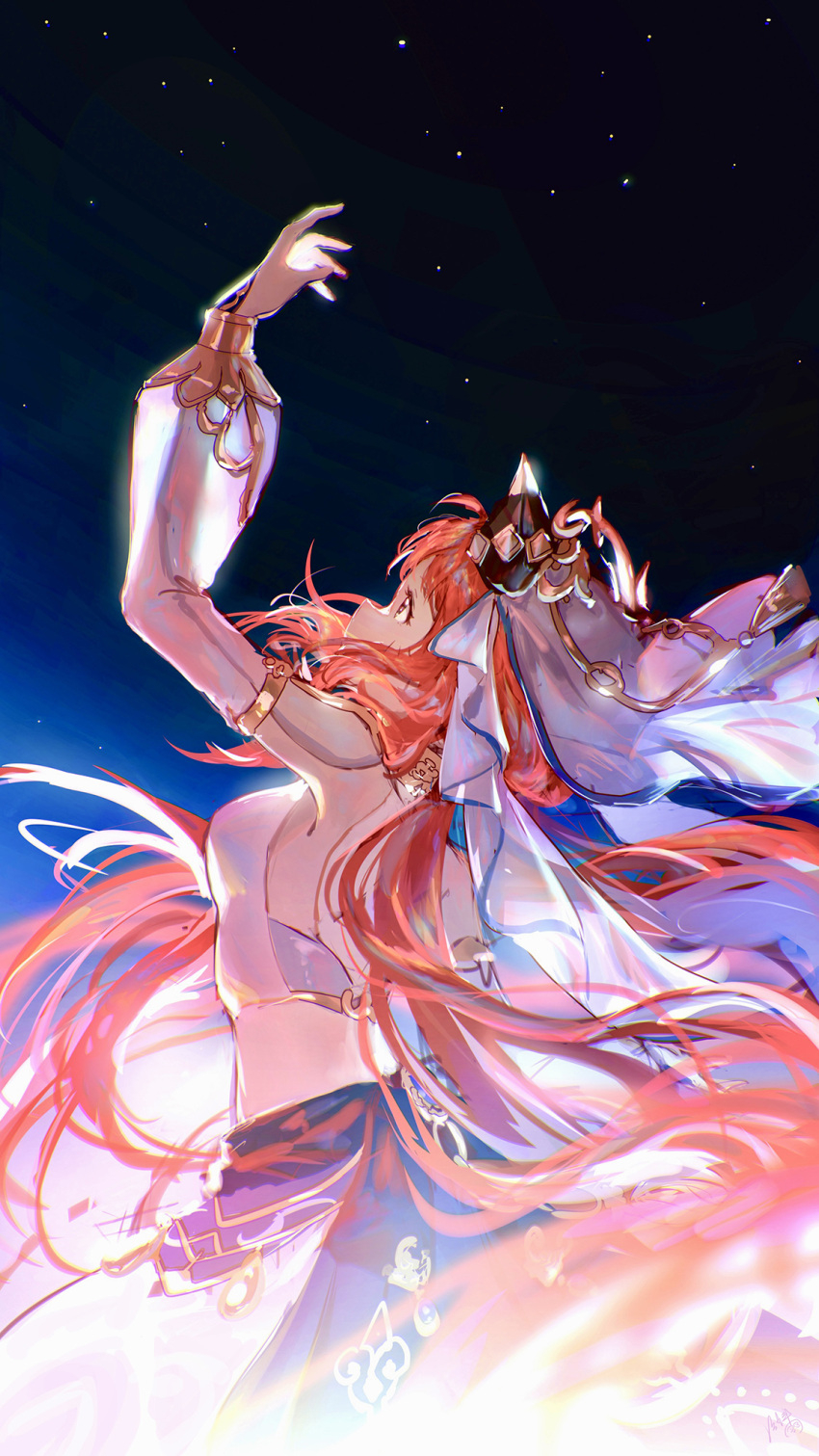 1girl arm_up blue_skirt commentary cowboy_shot crop_top dancer fake_horns from_side genshin_impact harem_outfit highres horns lengchan_(fu626878068) long_hair looking_up nilou_(genshin_impact) puffy_sleeves red_hair signature skirt sky solo star_(sky) starry_sky symbol-only_commentary very_long_hair white_veil