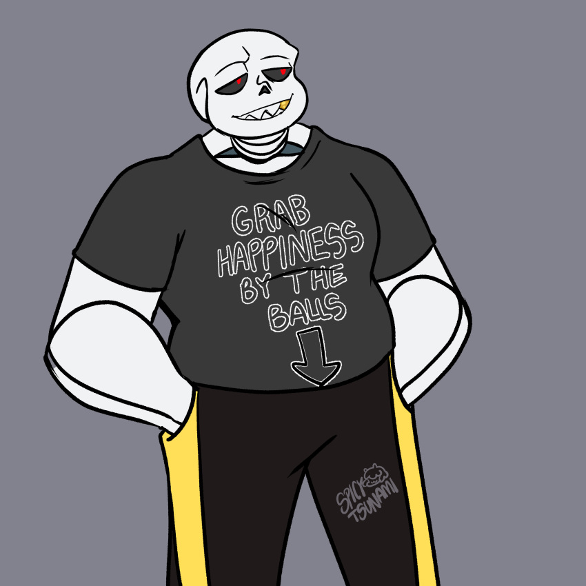 alternate_universe bottomwear clothing gold_(metal) gold_tooth hand_in_pocket hi_res male mothiepixie pants pockets sans_(underfell) sans_(undertale) sharp_teeth shirt solo teeth topwear underfell undertale undertale_(series)