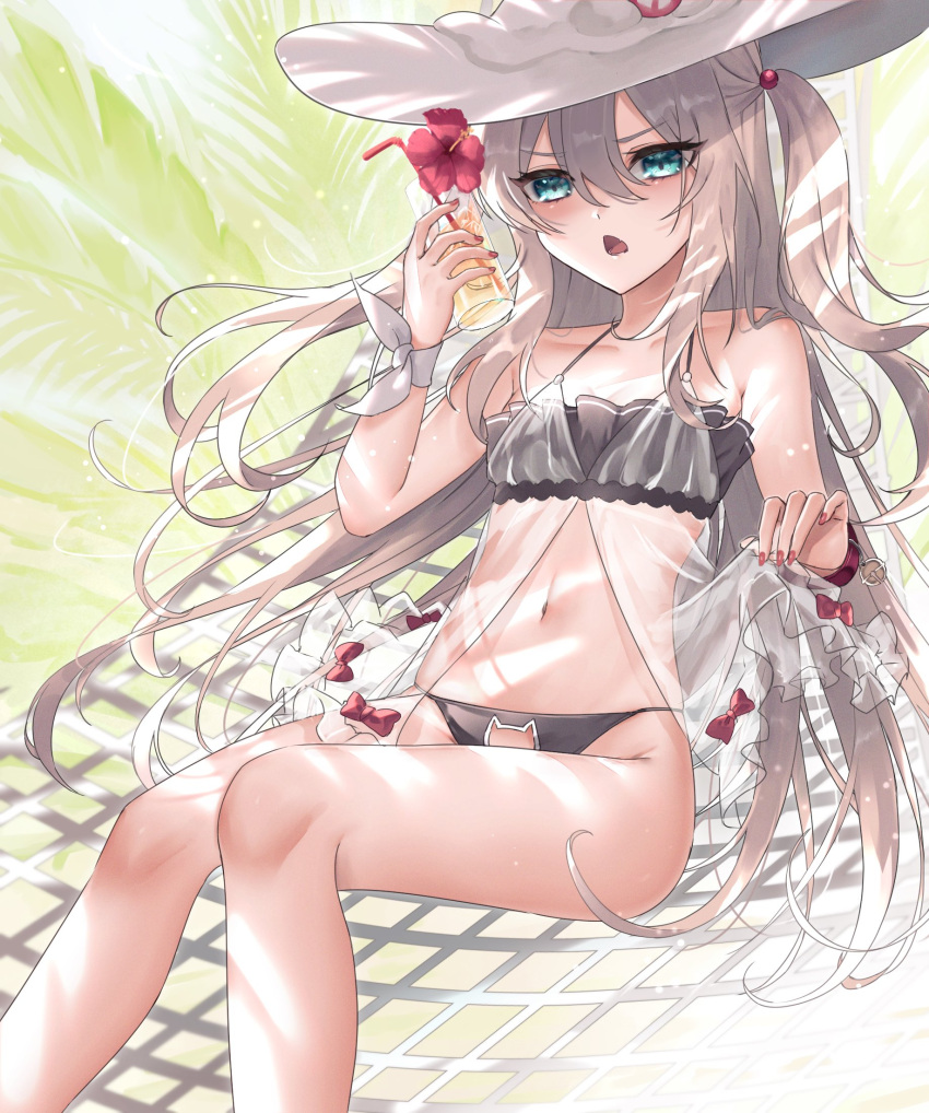 1girl aqua_eyes azur_lane bare_shoulders bikini black_bikini breasts cat_cutout cat_cutout_panties clothing_cutout drink frilled_bikini frills hair_between_eyes hair_bobbles hair_ornament hammann_(azur_lane) hammann_ii_(another_rebellious_summer)_(azur_lane) hammann_ii_(azur_lane) hammock hand_up hat highres holding holding_drink leaf long_hair looking_at_viewer navel official_alternate_costume open_mouth red_nails red_ribbon ribbon see-through sitting small_breasts solo swimsuit triangle_mouth tropical_drink trtrpnk white_hair wrist_belt