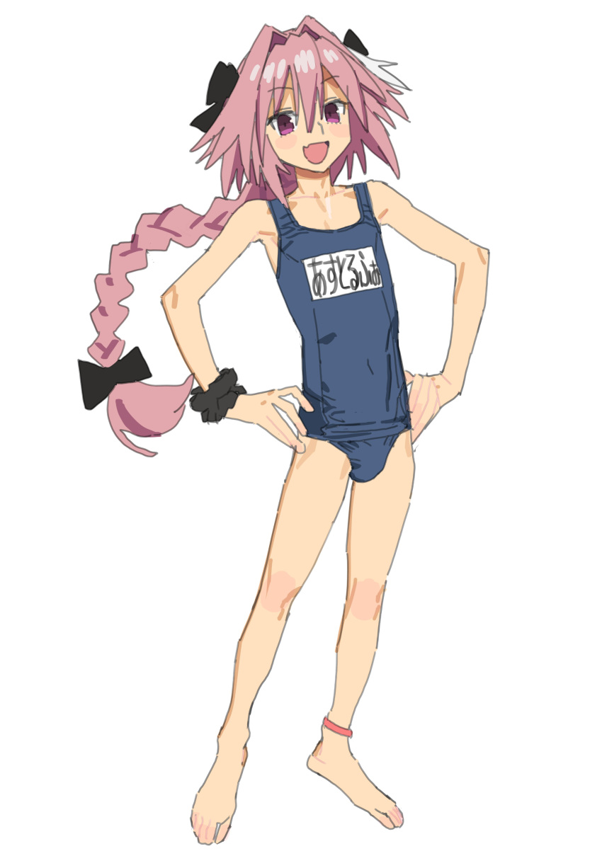 1boy :d absurdres astolfo_(fate) bare_arms bare_legs bare_shoulders barefoot black_bow blue_one-piece_swimsuit blush_stickers bow braid bulge character_name collarbone fang fate/apocrypha fate_(series) full_body hair_between_eyes hair_bow hands_on_own_hips highres imamura_ryou long_braid long_hair looking_at_viewer male_focus multicolored_hair name_tag old_school_swimsuit one-piece_swimsuit open_mouth otoko_no_ko pink_hair purple_eyes school_swimsuit scrunchie simple_background single_braid sketch skin_fang smile solo standing streaked_hair swimsuit two-tone_hair very_long_hair white_background white_hair wrist_scrunchie