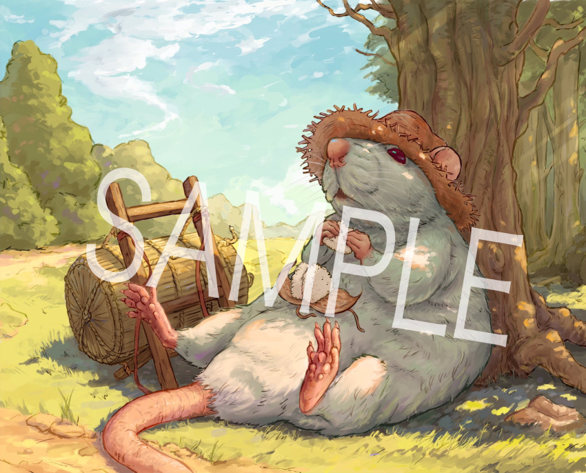 2023 biped clothing detailed_background distracting_watermark eating feral food fur hat headgear headwear hi_res mammal murid murine nejumipro outside pink_nose plant rat rodent sample sitting solo tree watermark white_body white_fur