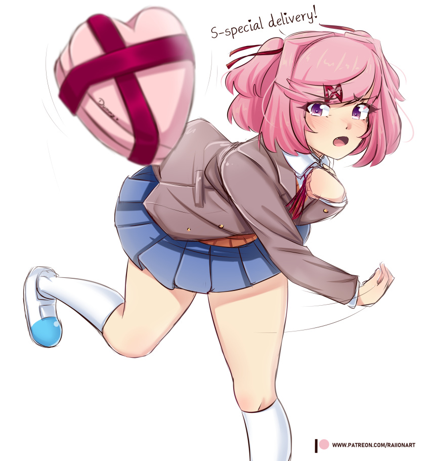 1girl :o absurdres artist_name bent_over blazer blue_skirt blush box box_of_chocolates brown_jacket brown_sweater_vest commentary doki_doki_literature_club dress_shirt embarrassed english_commentary english_text eyelashes foot_out_of_frame from_side furrowed_brow gift gift_box hair_ornament hair_ribbon hair_strand hand_on_own_chest heart heart-shaped_box highres incoming_attack incoming_gift jacket kneehighs leaning_forward long_sleeves looking_at_viewer looking_to_the_side motion_lines natsuki_(doki_doki_literature_club) neck_ribbon open_clothes open_jacket open_mouth patreon_logo patreon_username pink_eyes pink_hair pleated_skirt raion_(raionart) red_ribbon ribbon running school_uniform shirt shoes short_hair shouting simple_background skirt socks solo sweater_vest swept_bangs throwing tsundere two_side_up uwabaki valentine white_background white_footwear white_shirt white_socks x_hair_ornament