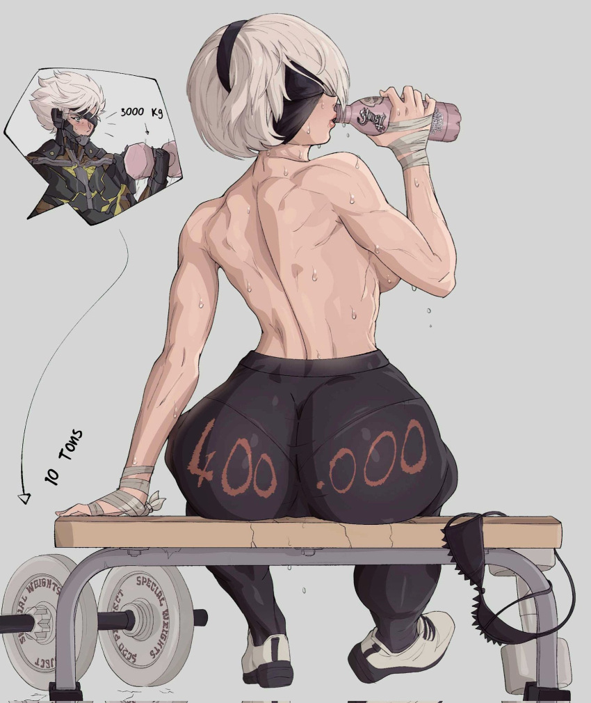 1boy 1girl 2b_(nier:automata) ass back backboob bandaged_hand bandaged_wrist bandages black_blindfold black_hairband blindfold bottle bra breaking breasts clothes_writing dumbbell english_text exercise from_behind full_body grey_background hairband heavy highres medium_breasts metal_gear_(series) metal_gear_rising:_revengeance nier:automata nier_(series) one_eye_covered pants parted_hair pink_lips profile raiden_(metal_gear) shoes short_hair simple_background sitting sneakers solo_focus sweat tight_clothes tight_pants toned topless underwear unworn_bra water_bottle weight weightlifting white_footwear white_hair yoga_pants yoracrab