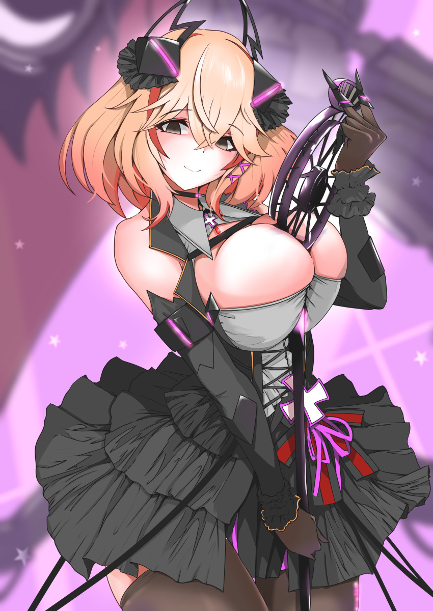 1girl absurdres azur_lane between_breasts black_corset black_dress black_eyes black_thighhighs breasts brown_gloves cleavage corset cowboy_shot detached_sleeves dress framed_breasts gloves hair_between_eyes headgear highres holding holding_microphone_stand huge_breasts layered_dress long_sleeves looking_at_viewer microphone microphone_stand multicolored_hair orange_hair p.i.t.d red_hair roon_(azur_lane) roon_(muse)_(azur_lane) short_dress streaked_hair thighhighs two-tone_hair vintage_microphone