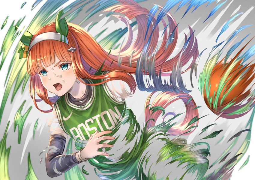 1girl animal_ears arm_warmers ball basketball basketball_(object) basketball_jersey blue_eyes boston_celtics disintegration ear_covers green_shirt green_shorts hair_ornament hairband highres horse_ears horse_girl long_hair national_basketball_association open_mouth orange_hair shirt shorts silence_suzuka_(umamusume) single_arm_warmer solo standing sweat umamusume white_hairband wristband yakkuro