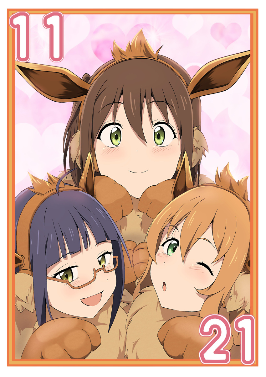 3girls ;o absurdres animal_ears animal_hands asagi_(love_live!) black_hair blunt_bangs brown_hair closed_mouth commentary_request cosplay dated eevee eevee_(cosplay) eevee_ears fake_animal_ears fur_collar gloves hair_between_eyes heart heart_background highres iroha_(love_live!) kyoko_(love_live!) light_blush long_hair looking_at_viewer love_live! love_live!_nijigasaki_high_school_idol_club medium_hair multiple_girls november one_eye_closed one_side_up open_mouth parted_lips paw_gloves paw_pose semi-rimless_eyewear smile yellow_eyes zasshoku_ojisan